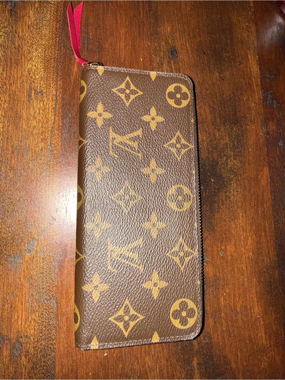Louis Vuitton Brown Monogram Zip Wallet with fuchsia interior